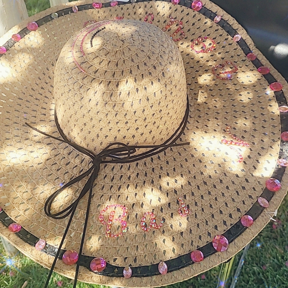 Custom one of a kind sun hat Rhinestones jewels Party, festival "bad n boujie"